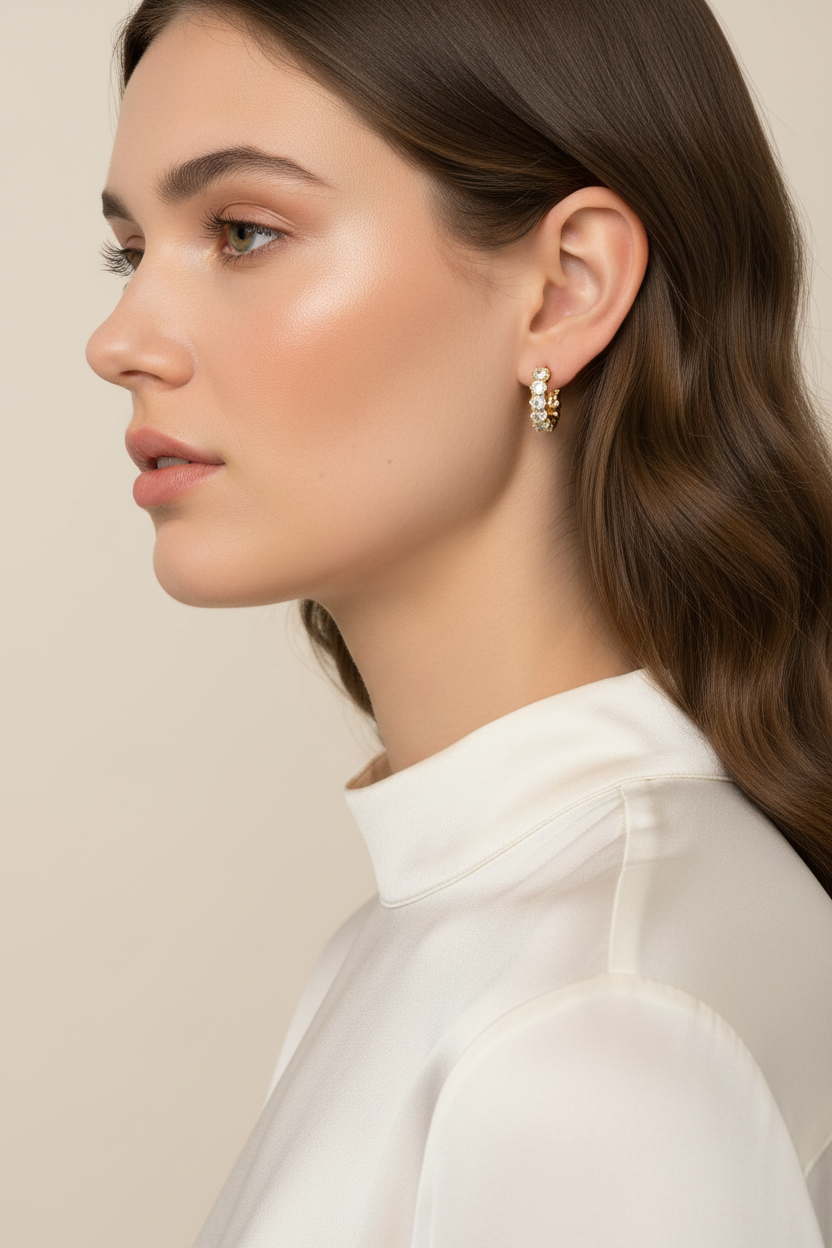 模特兒佩戴金色水晶圈形耳環 - 側面輪廓