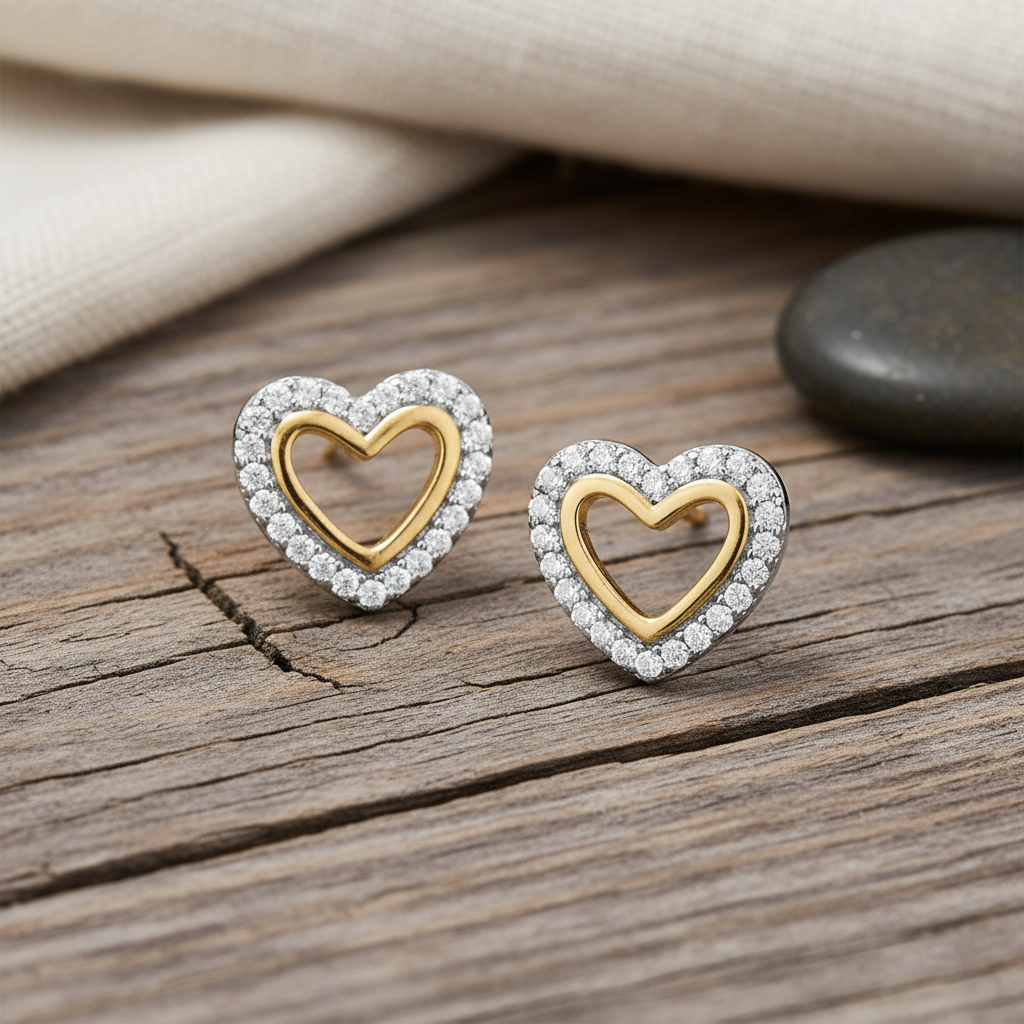 雙色愛心耳釘 - 風化木質背景