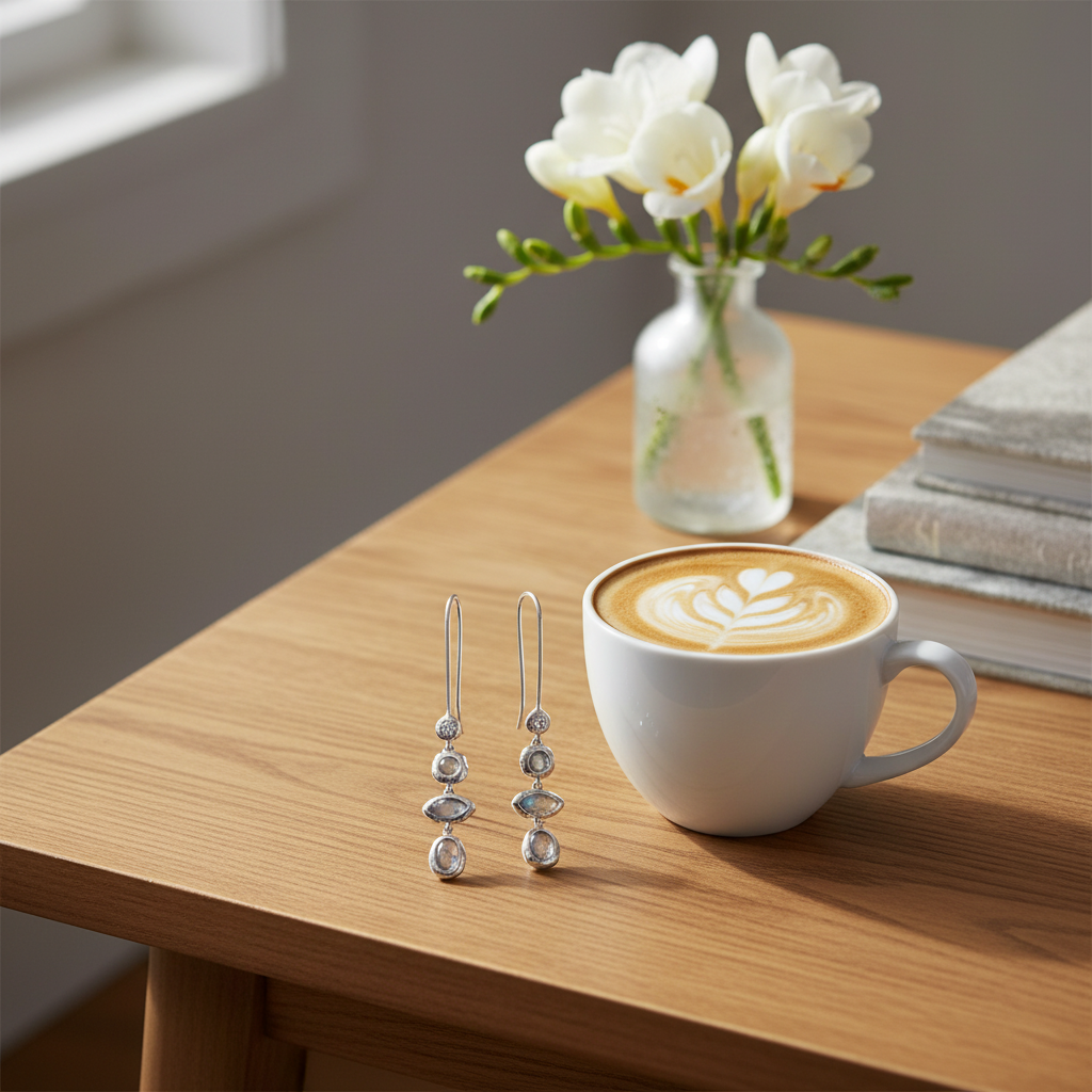 銀色多層寶石耳環 - 木質咖啡桌與拿鐵場景