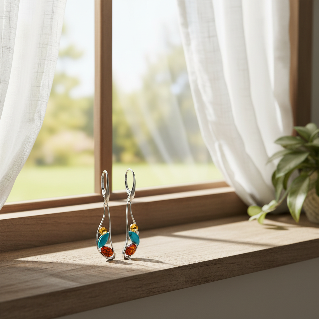 多彩寶石耳環 - 窗邊自然光