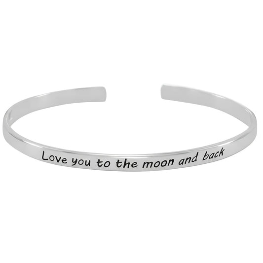 Love You to the Moon and Back Cuff Bracelet 925 Sterling Silver 5mm Wide