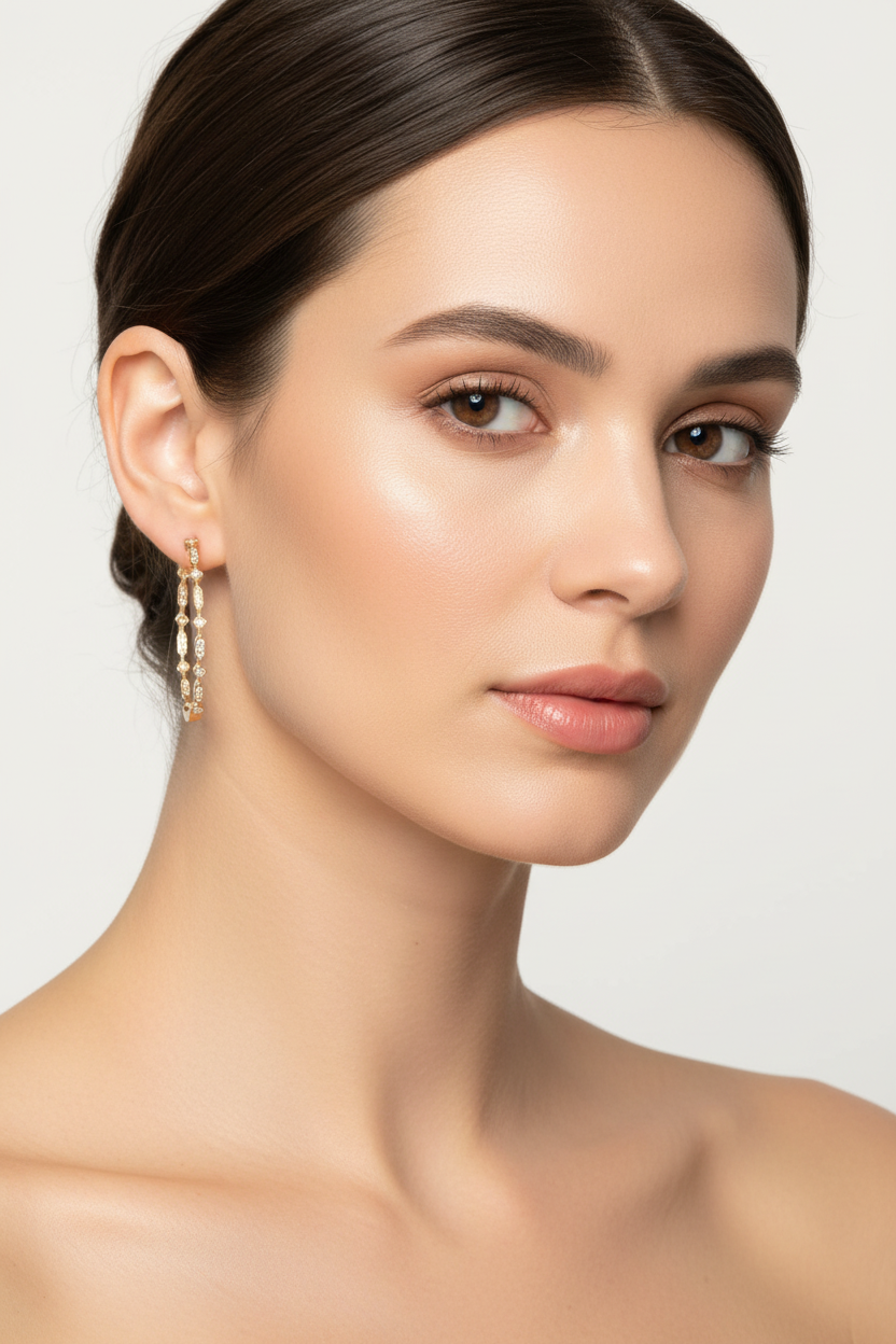 模特兒佩戴金色復古花紋圈形耳環 - 臉部特寫