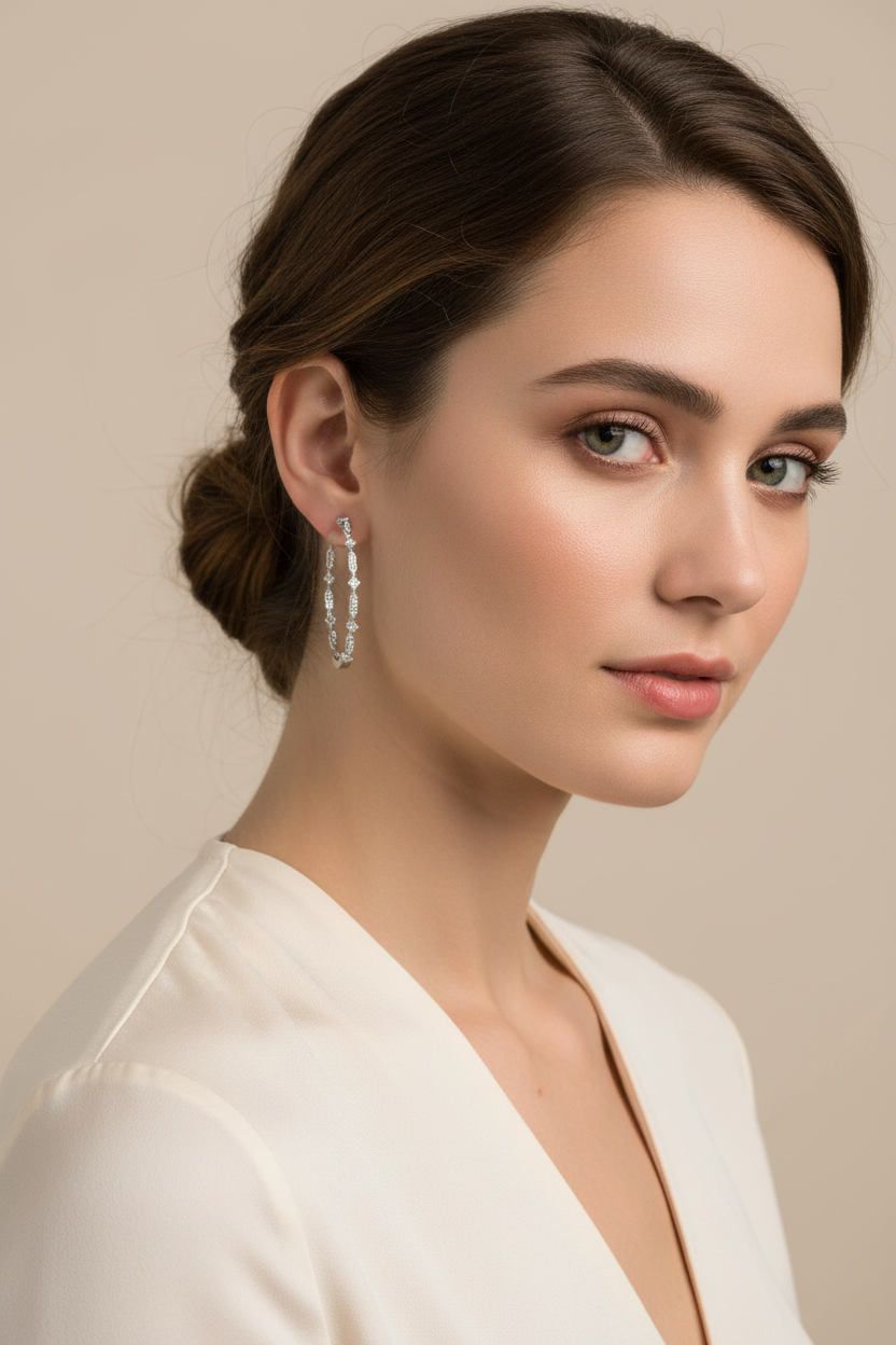 模特兒佩戴銀色復古花紋圈形耳環 - 撥髮展示