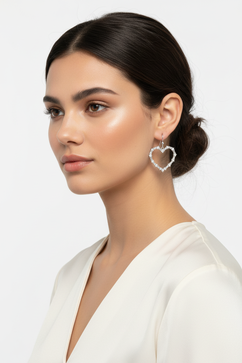 模特兒佩戴銀色水晶愛心耳環 - 正面姿態