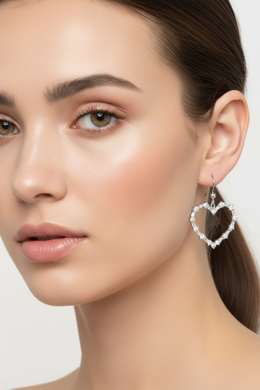 模特兒佩戴銀色水晶愛心耳環 - 臉部特寫