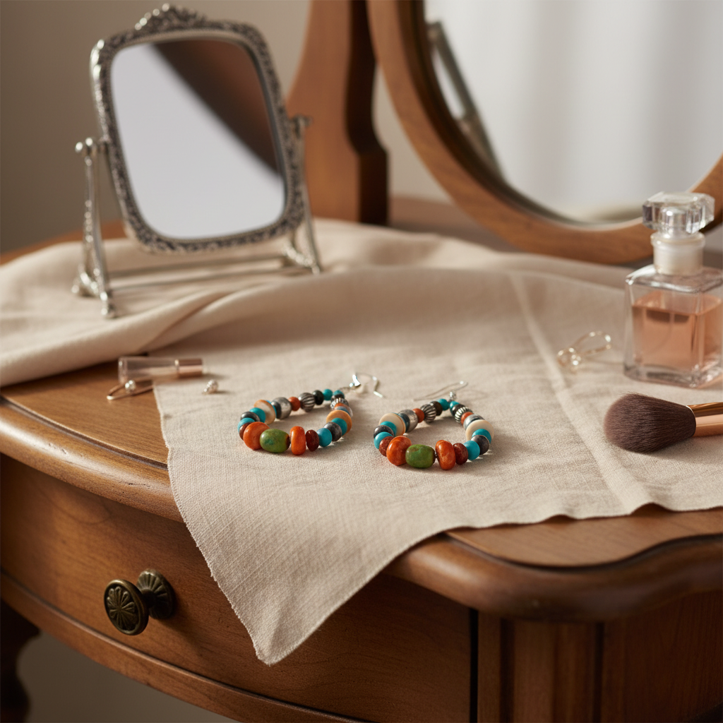 彩色串珠耳環 - 梳妝台米色布料背景