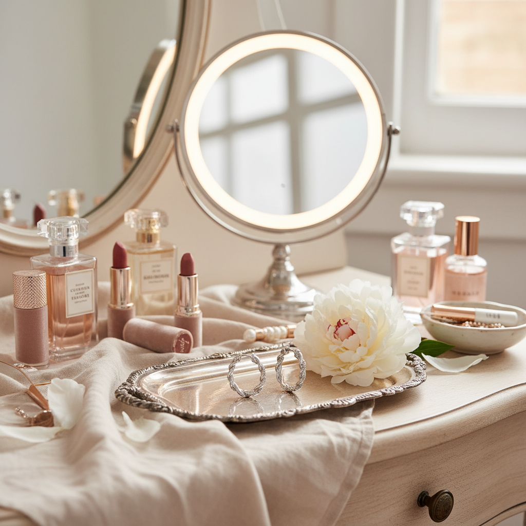 梳妝台場景 - 米色亞麻布背景