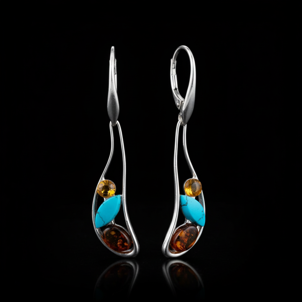 多彩寶石耳環 - 深黑色背景戲劇光效