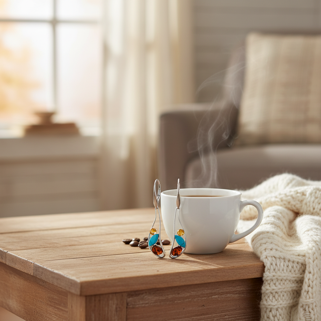 多彩寶石耳環 - 咖啡桌早晨場景