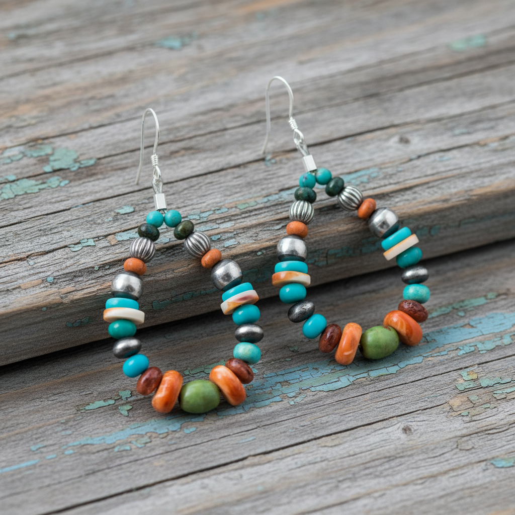 彩色串珠耳環 - 風化木質背景