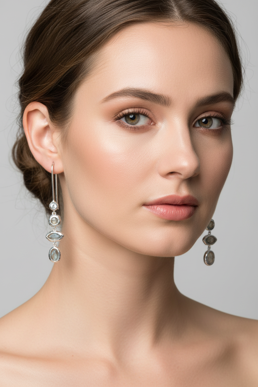 模特兒佩戴銀色多層寶石耳環 - 臉部特寫