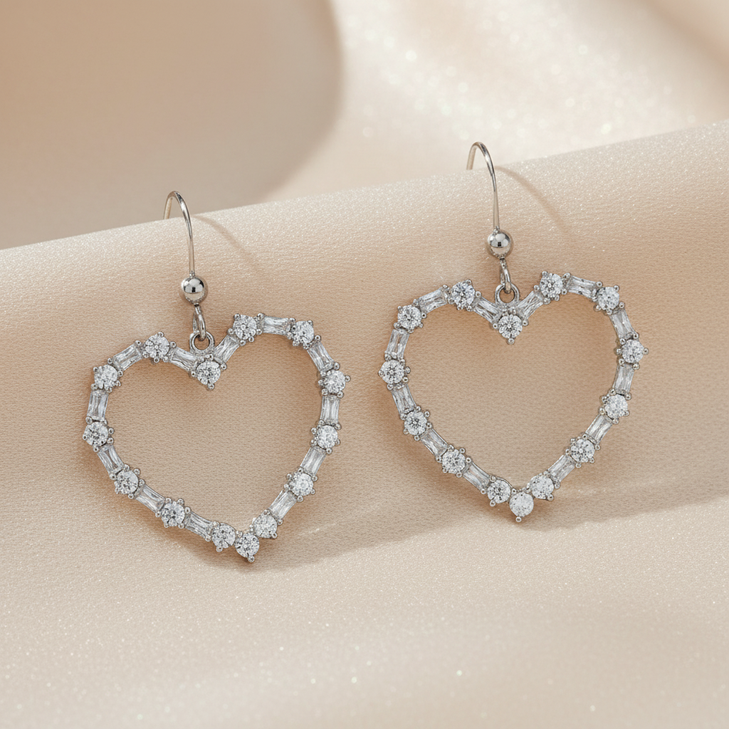 銀色水晶愛心耳環 - 淡香檳色布料背景