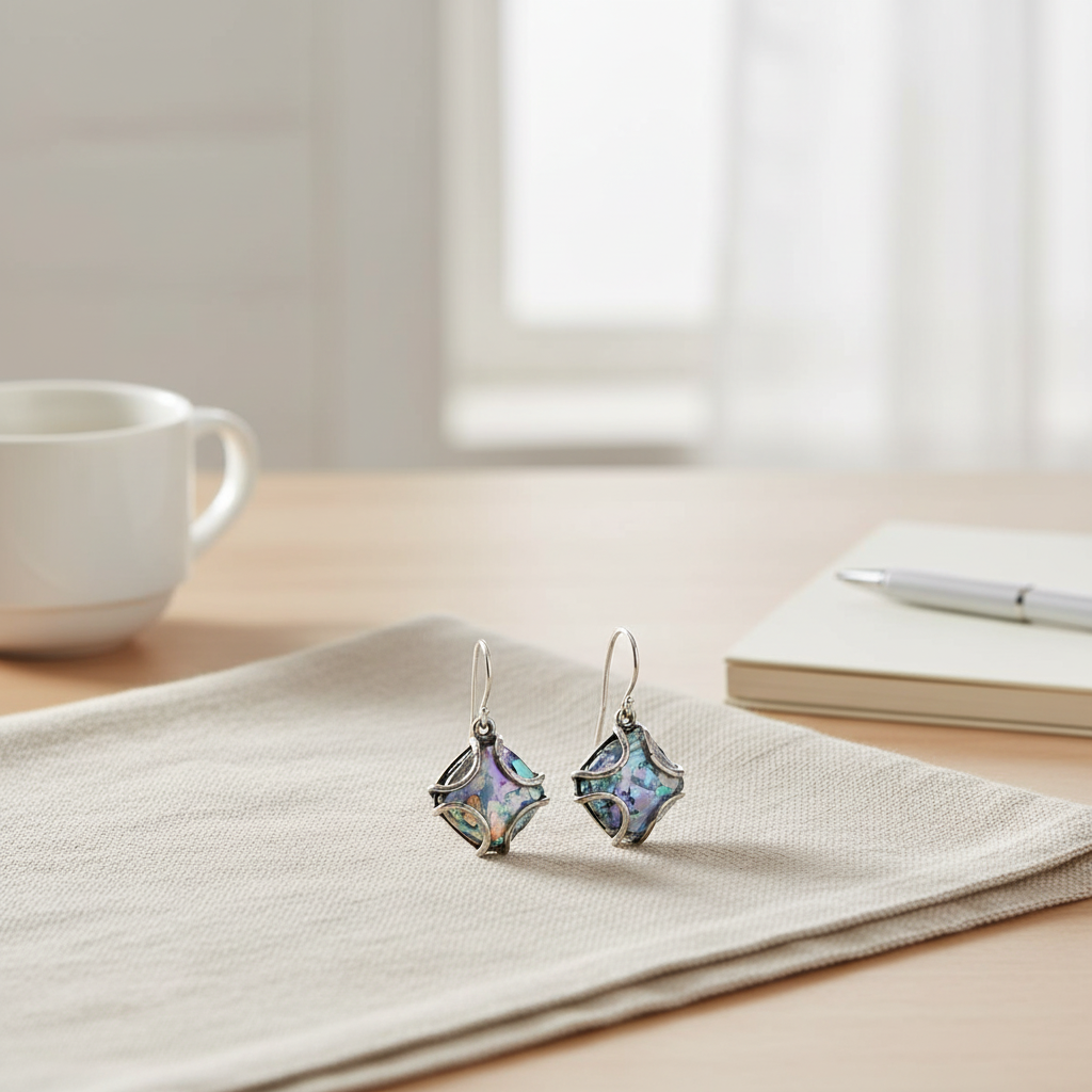 鮑魚貝殼耳環 - 書桌奶油色亞麻布背景