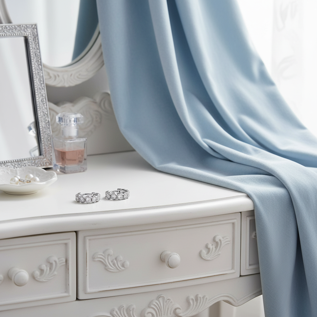 銀色水晶圈形耳環 - 梳妝台淡藍色布料背景