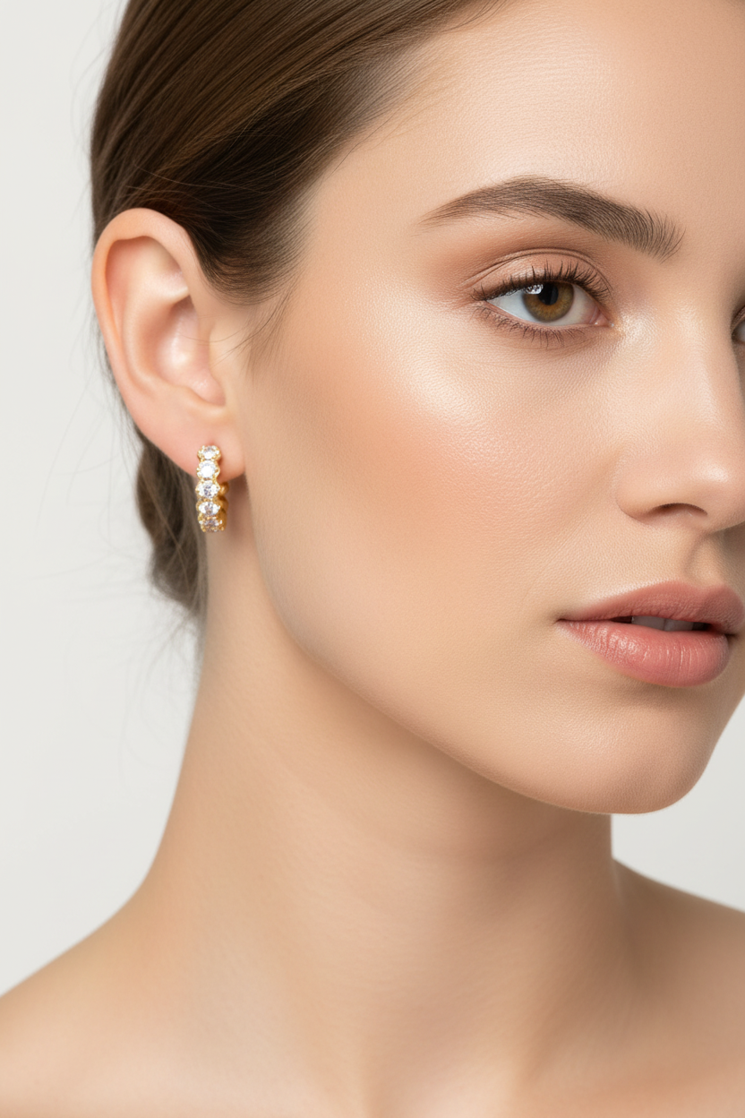 模特兒佩戴金色水晶圈形耳環 - 臉部特寫