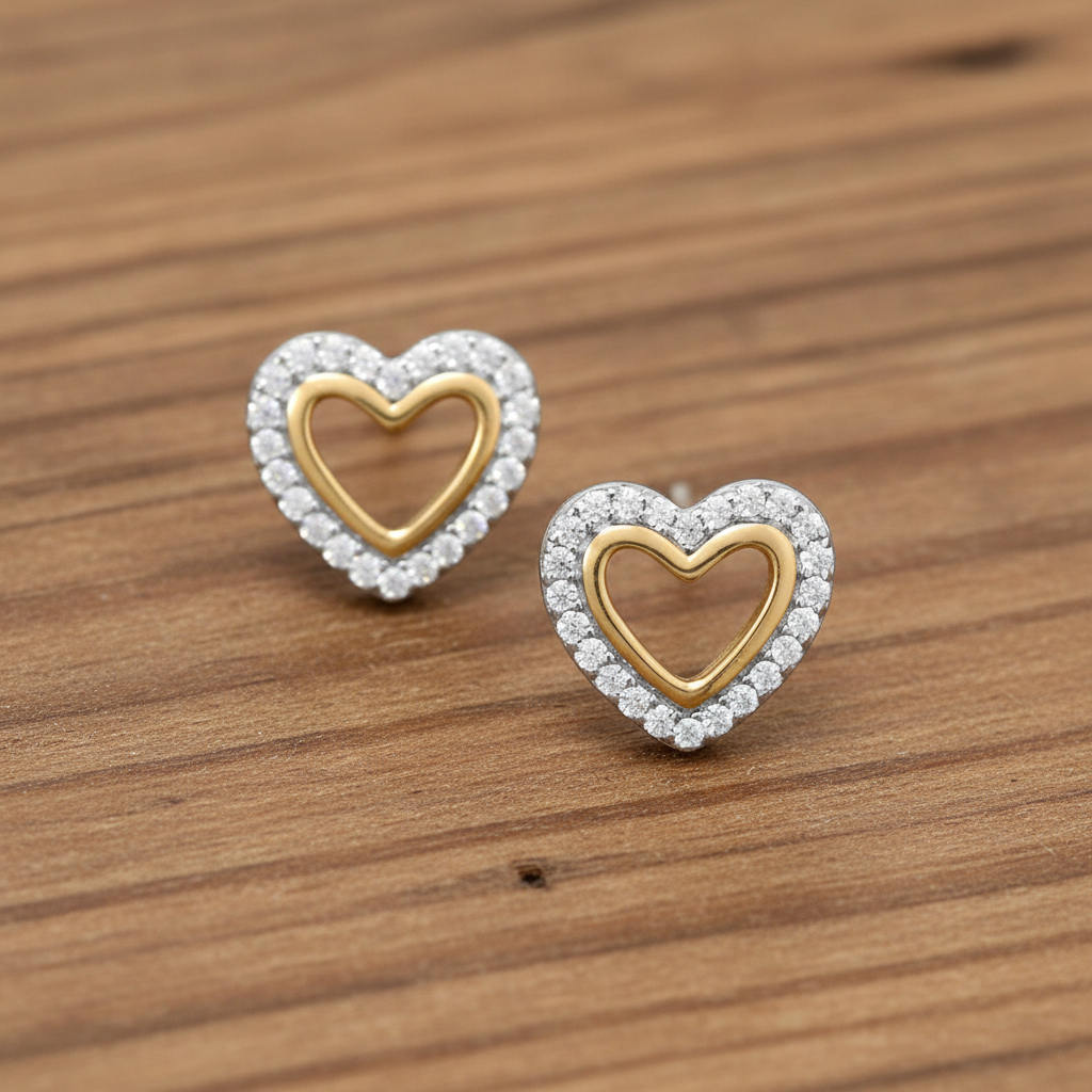 雙色愛心耳釘 - 自然木質背景