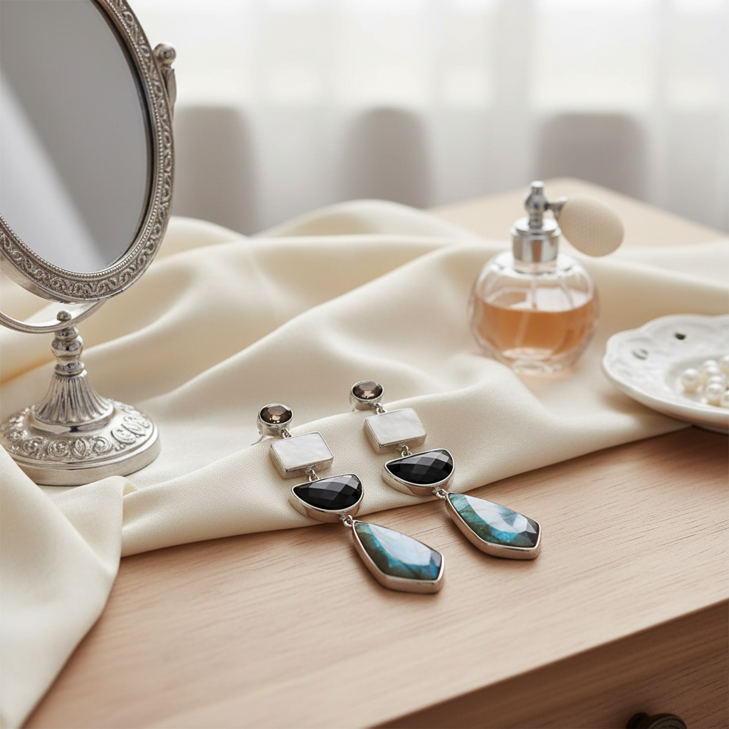 銀色多層寶石耳環 - 梳妝台淡象牙色布料背景