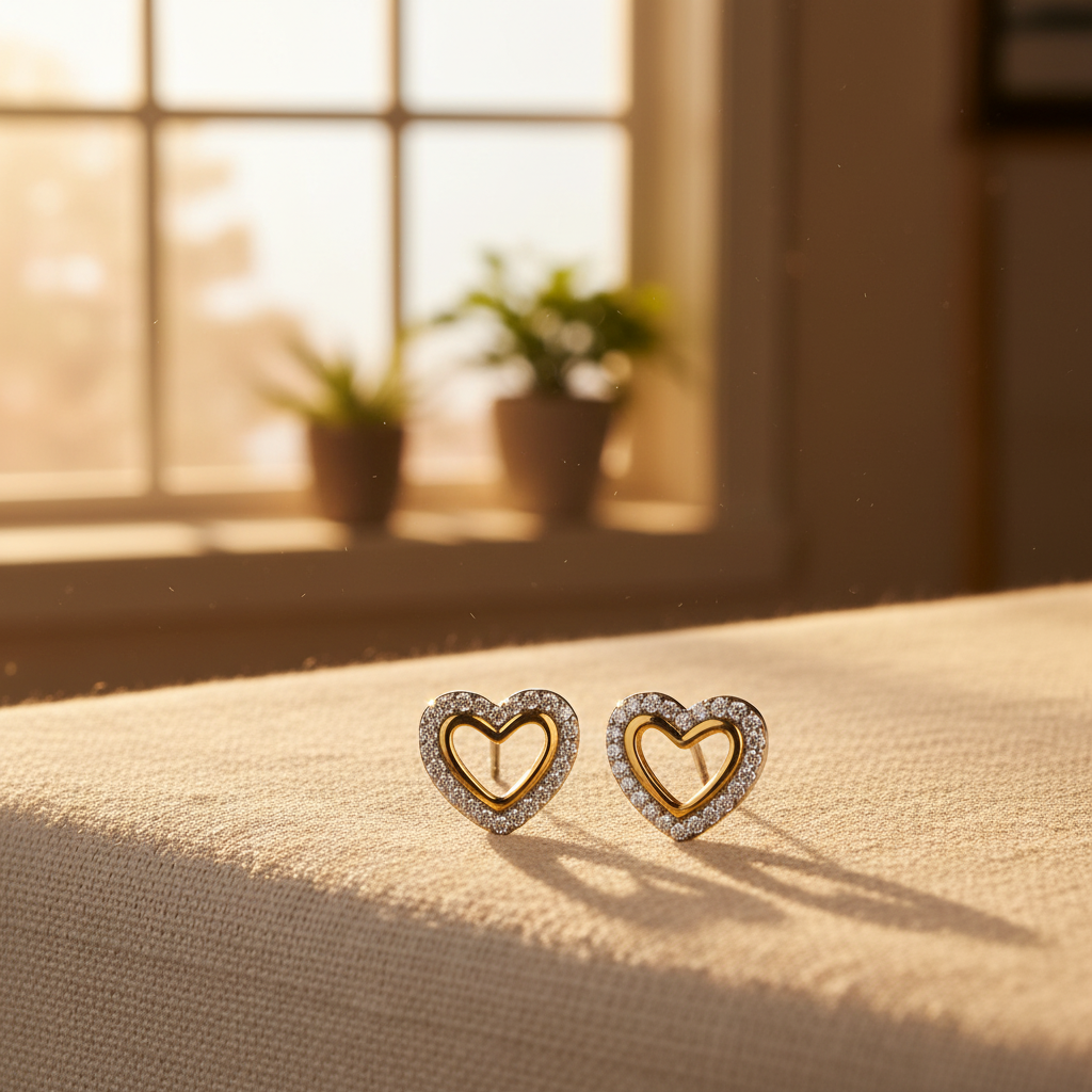 雙色愛心耳釘 - 黃金時刻光線