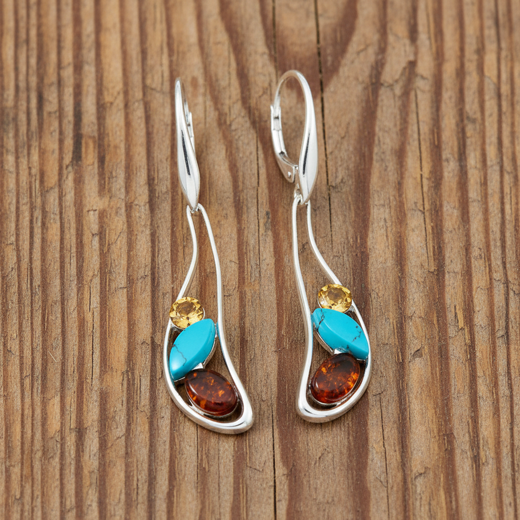 多彩寶石耳環 - 自然木質背景