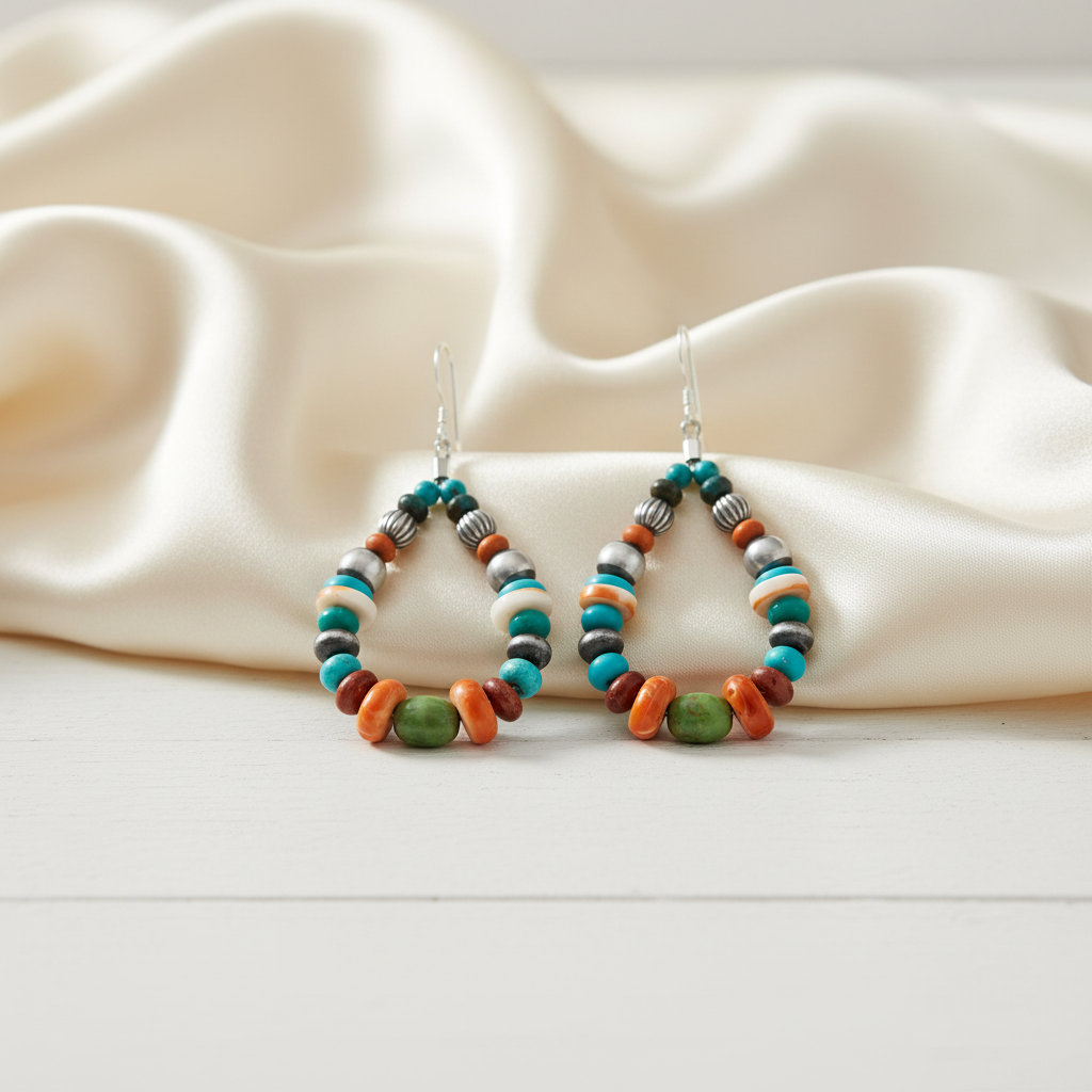 彩色串珠耳環 - 書桌白色絲綢背景