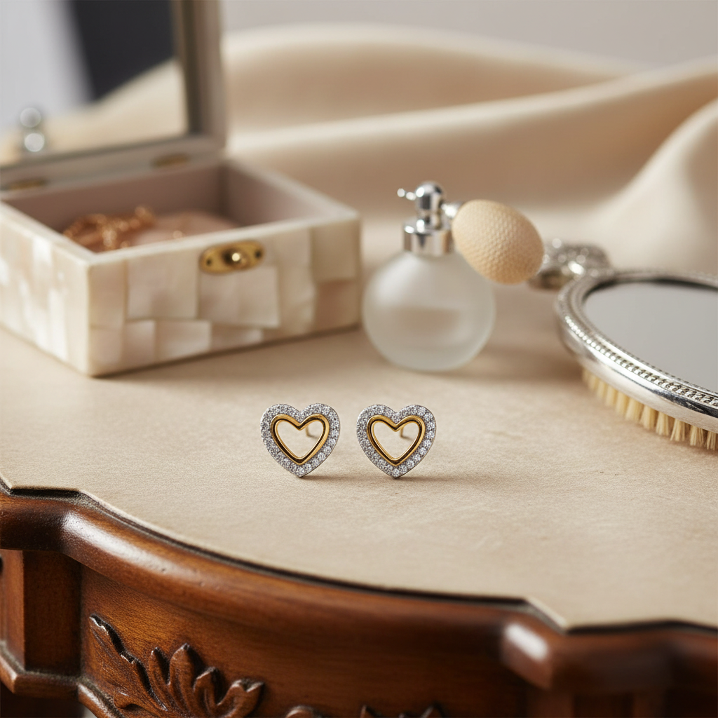 雙色愛心耳釘 - 梳妝台米色布料背景