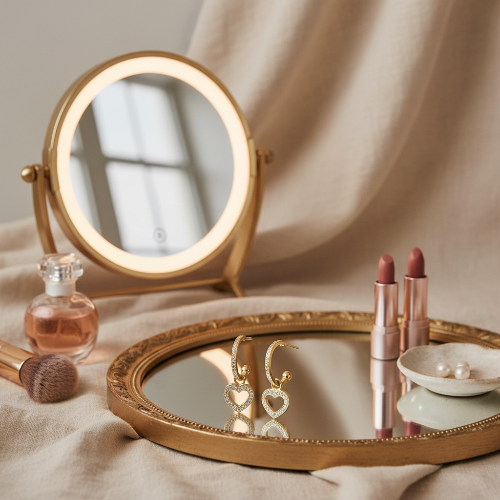 梳妝台場景 - 米色亞麻布背景