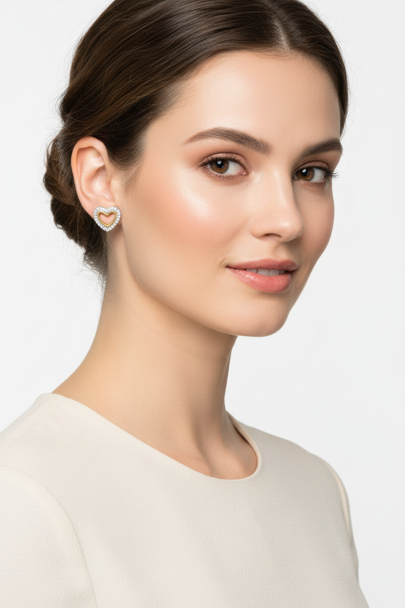 模特兒佩戴雙色愛心耳釘 - 正面姿態