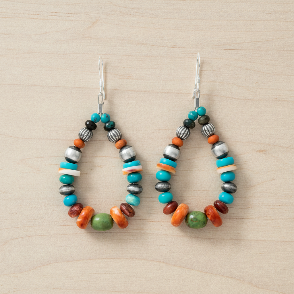 彩色串珠耳環 - 淺色木質表面