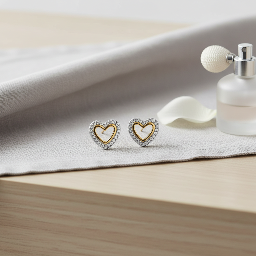雙色愛心耳釘 - 梳妝台淺灰色布料背景