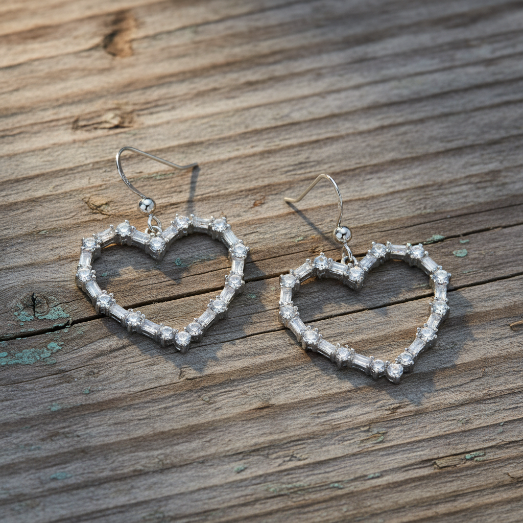 銀色水晶愛心耳環 - 風化木質背景