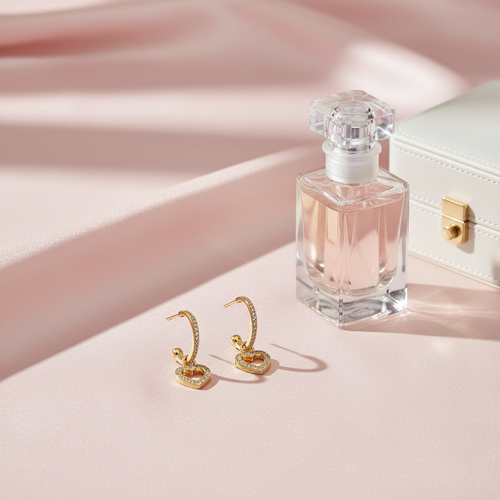 梳妝台場景 - 淡粉色絲綢背景