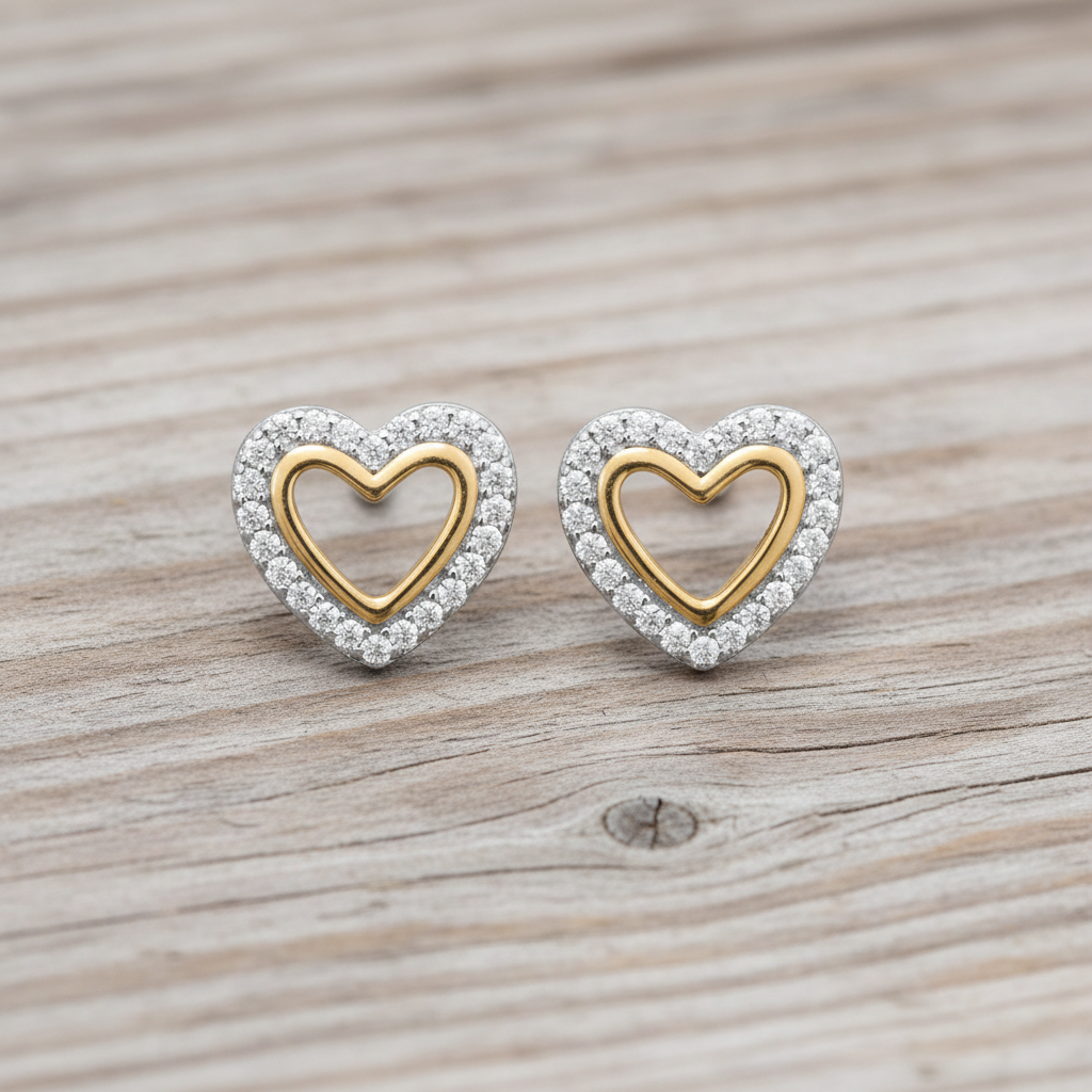 雙色愛心耳釘 - 再生木質背景