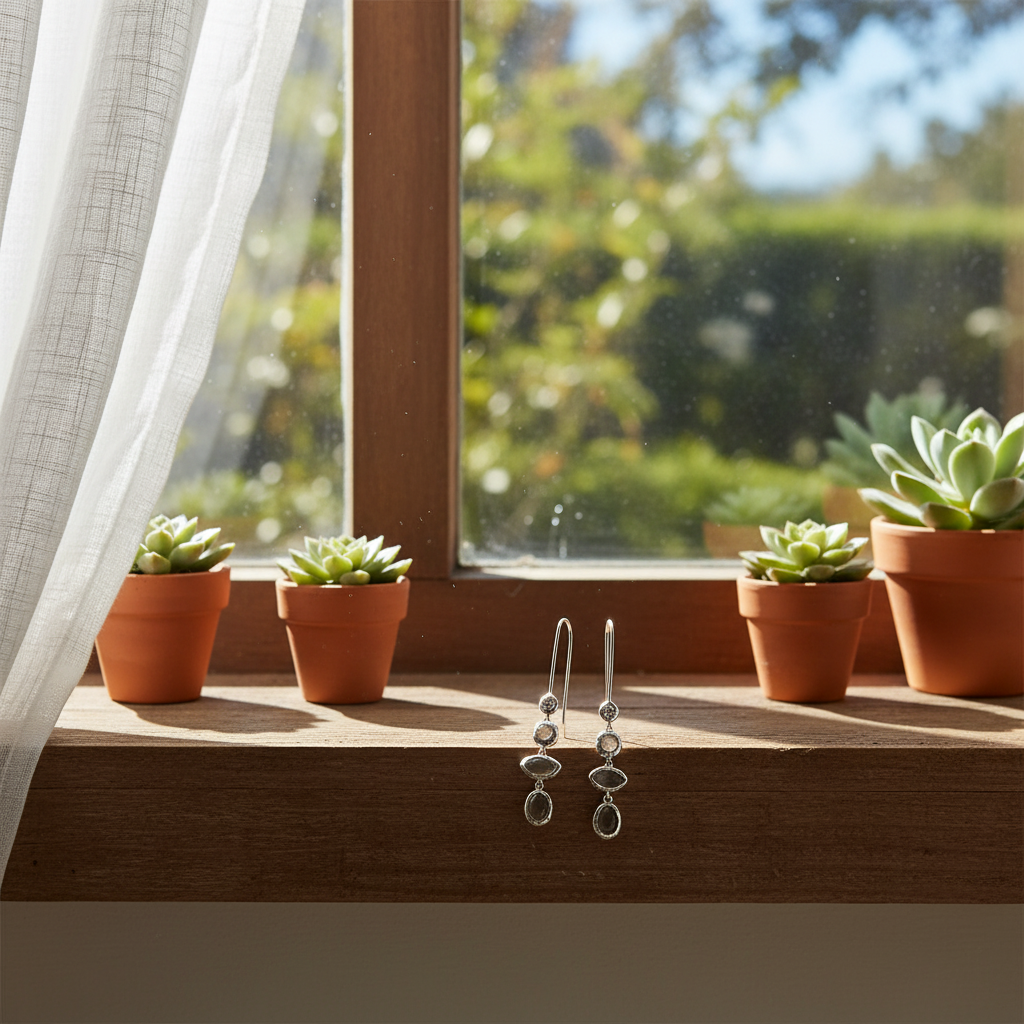 銀色多層寶石耳環 - 窗台日光