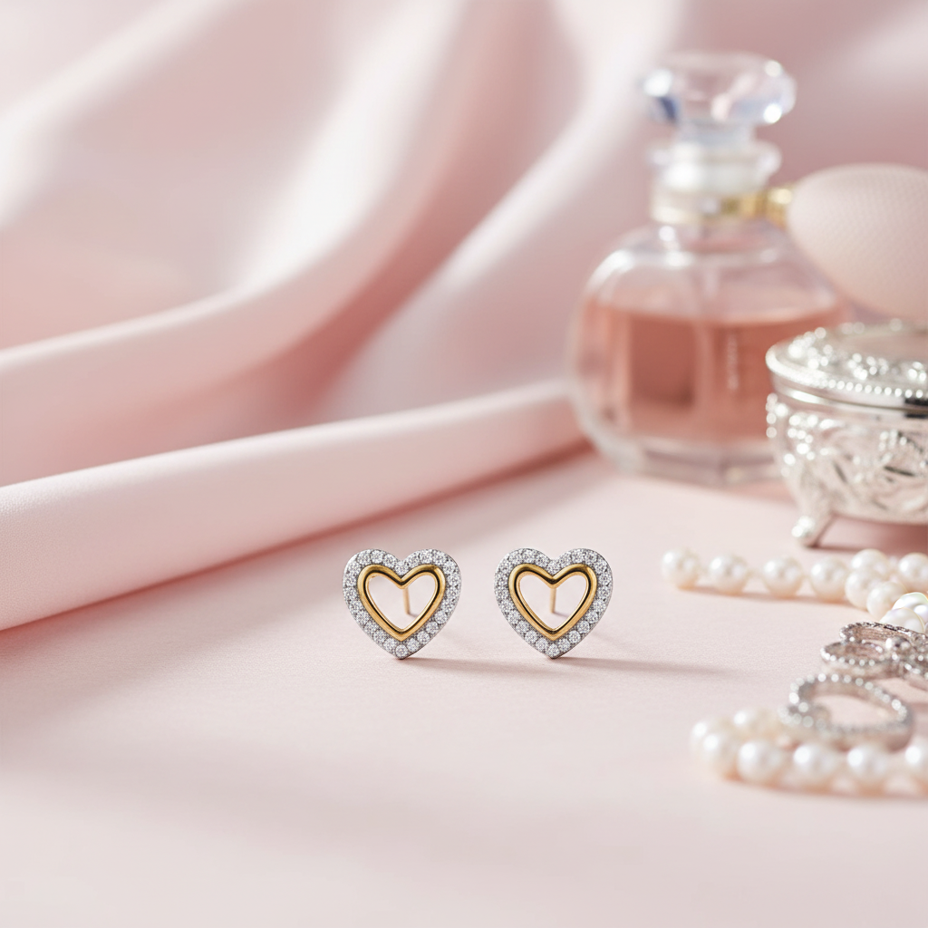 雙色愛心耳釘 - 梳妝台淡粉色布料背景