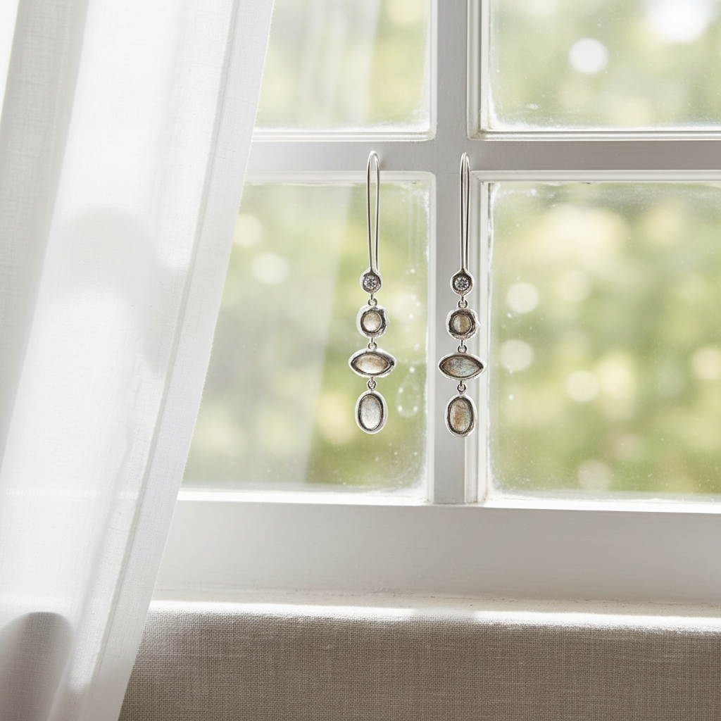 銀色多層寶石耳環 - 窗邊自然光