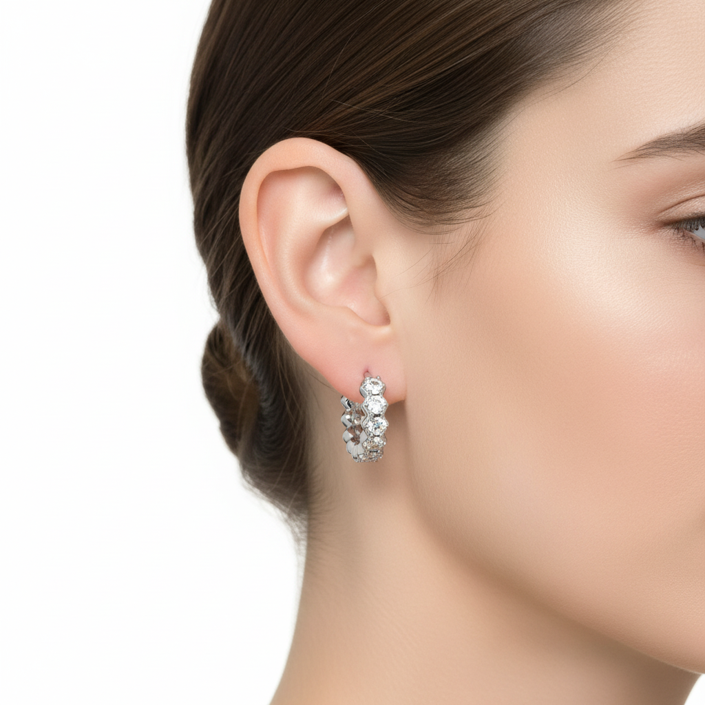 銀色水晶圈形耳環 - 側面視角