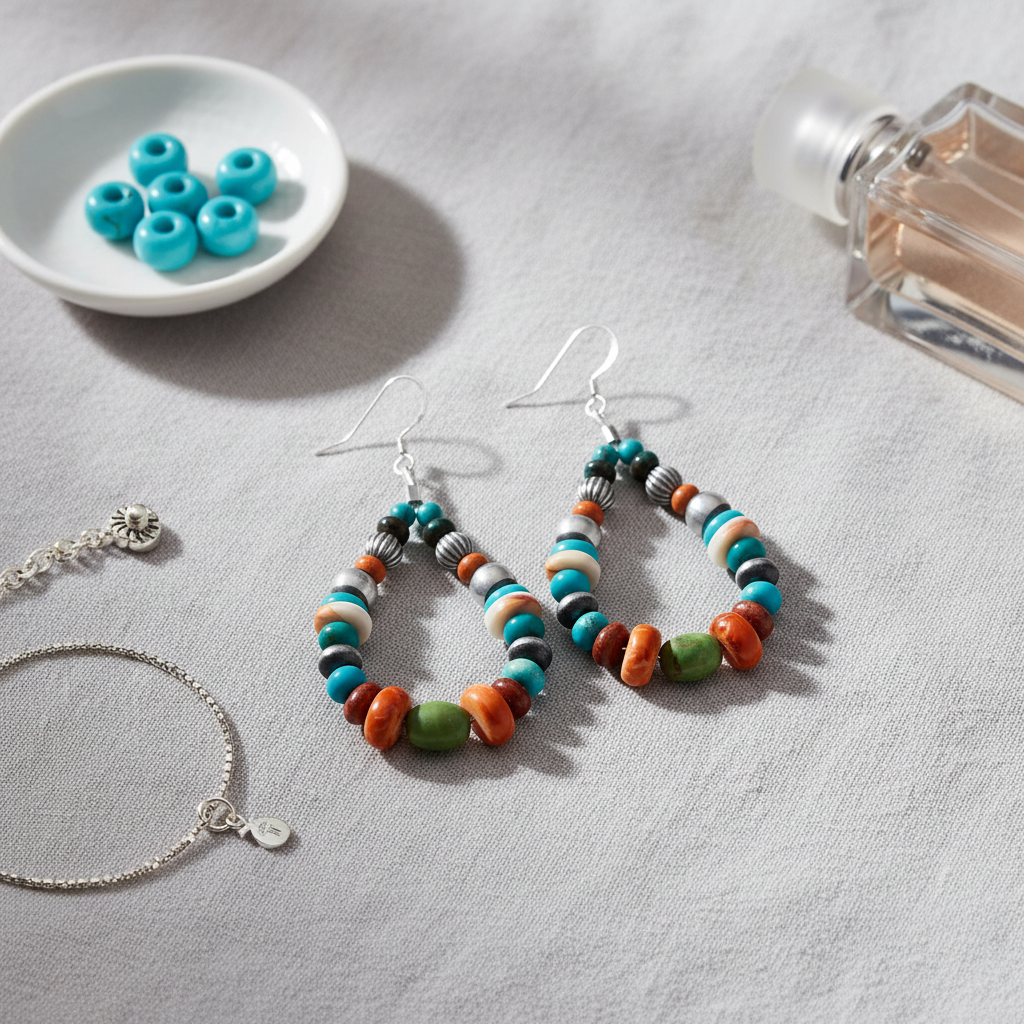 彩色串珠耳環 - 梳妝台淺灰色布料背景