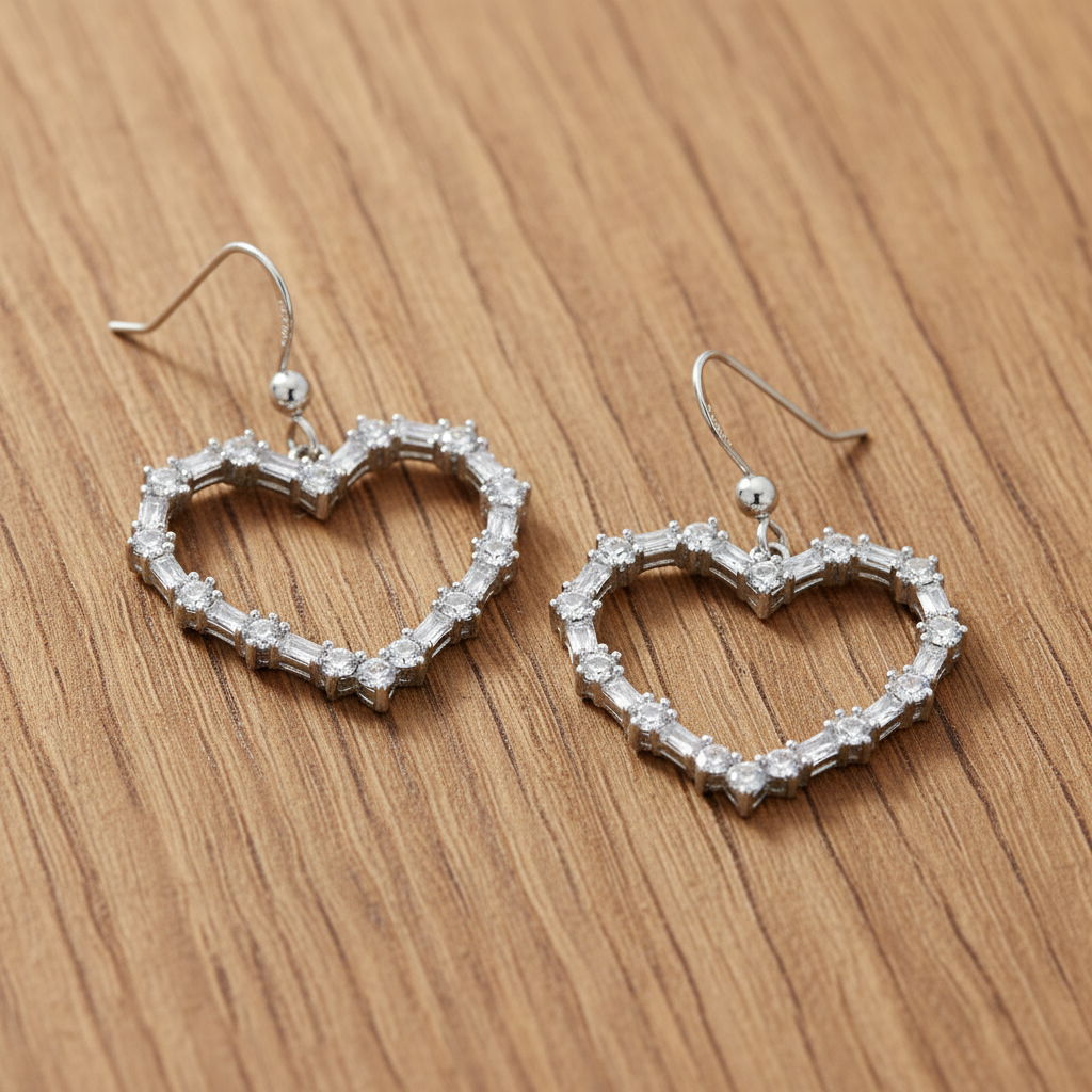 銀色水晶愛心耳環 - 溫暖木質紋理