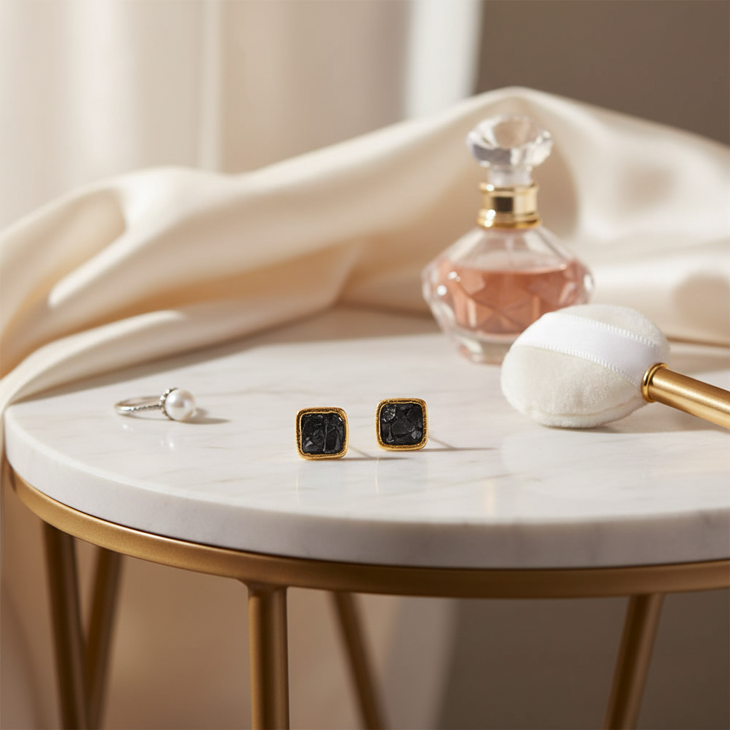 金色黑色碎石耳釘 - 梳妝台米色布料背景
