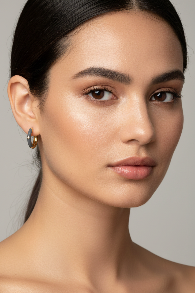 模特兒佩戴金色黑色琺瑯圈形耳環 - 臉部特寫