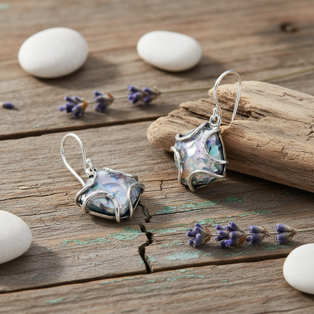 鮑魚貝殼耳環 - 風化木質背景