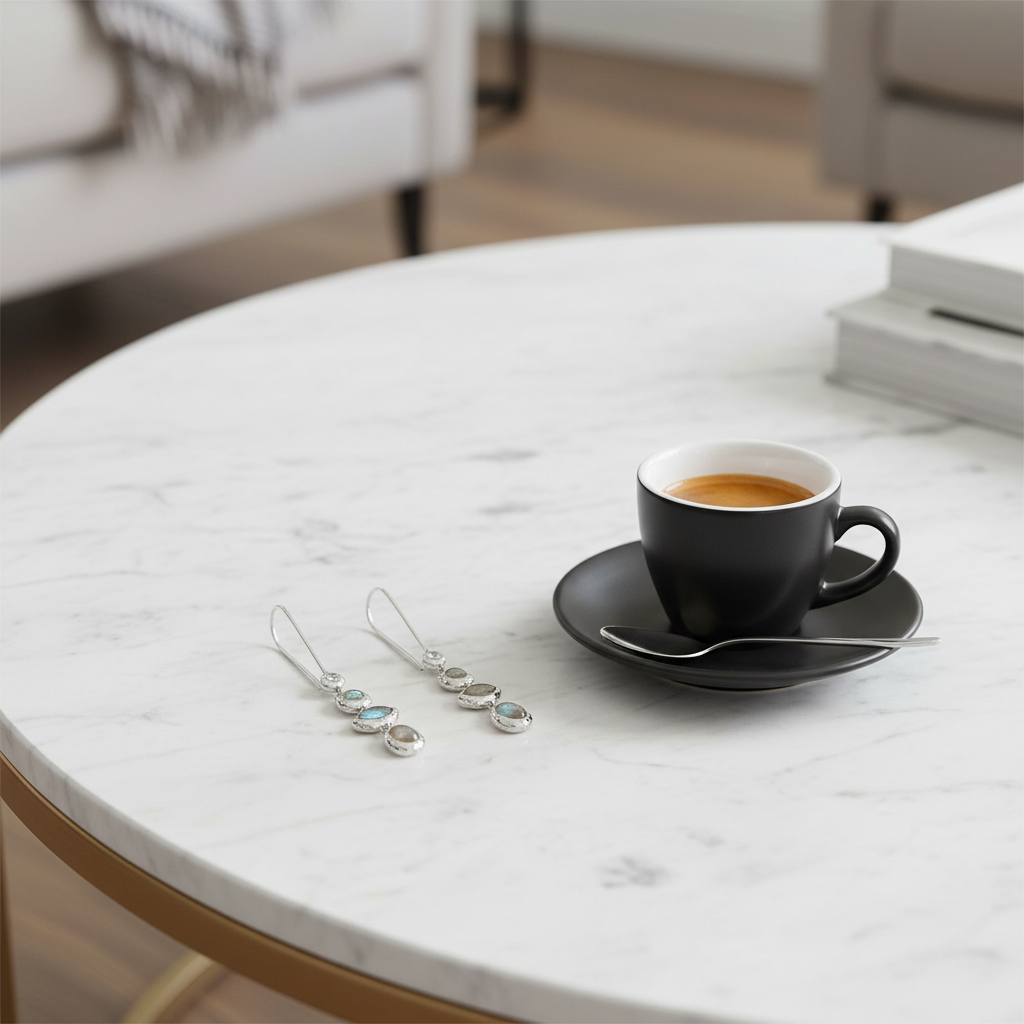 銀色多層寶石耳環 - 大理石咖啡桌與濃縮咖啡場景