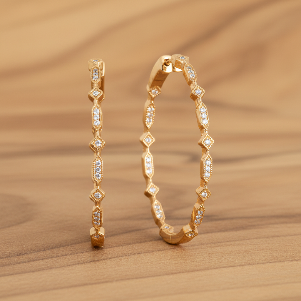 金色復古花紋圈形耳環 - 溫暖木質紋理