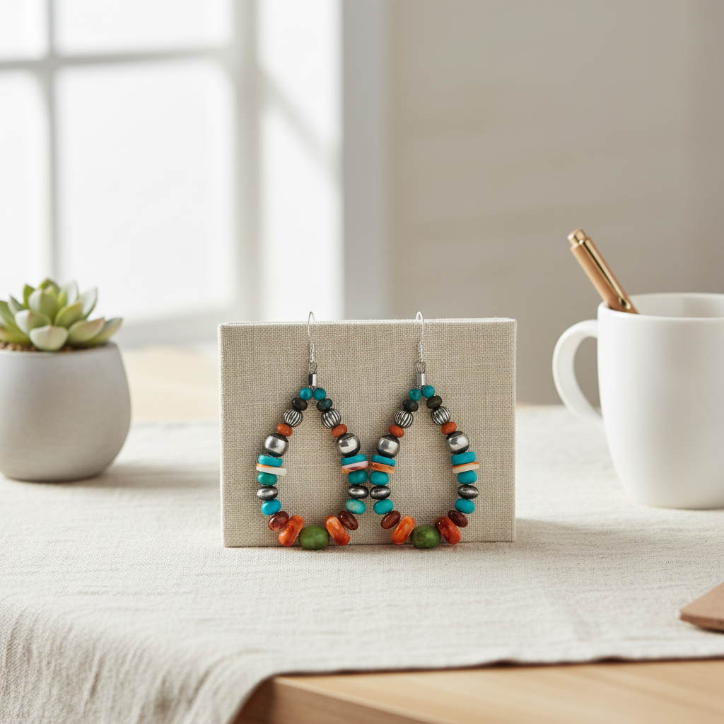 彩色串珠耳環 - 書桌奶油色亞麻布背景