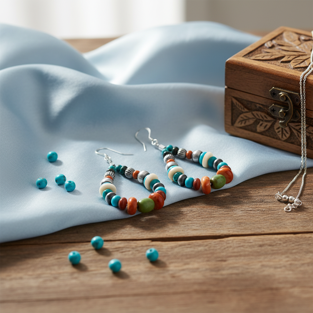 彩色串珠耳環 - 梳妝台淡藍色布料背景