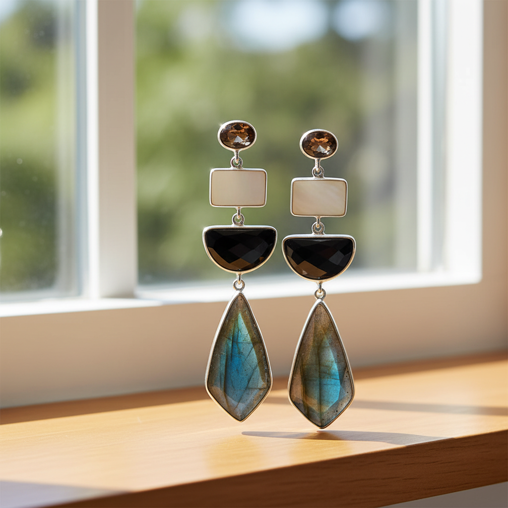 銀色多層寶石耳環 - 窗邊自然光