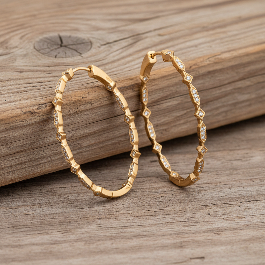 金色復古花紋圈形耳環 - 自然木質背景