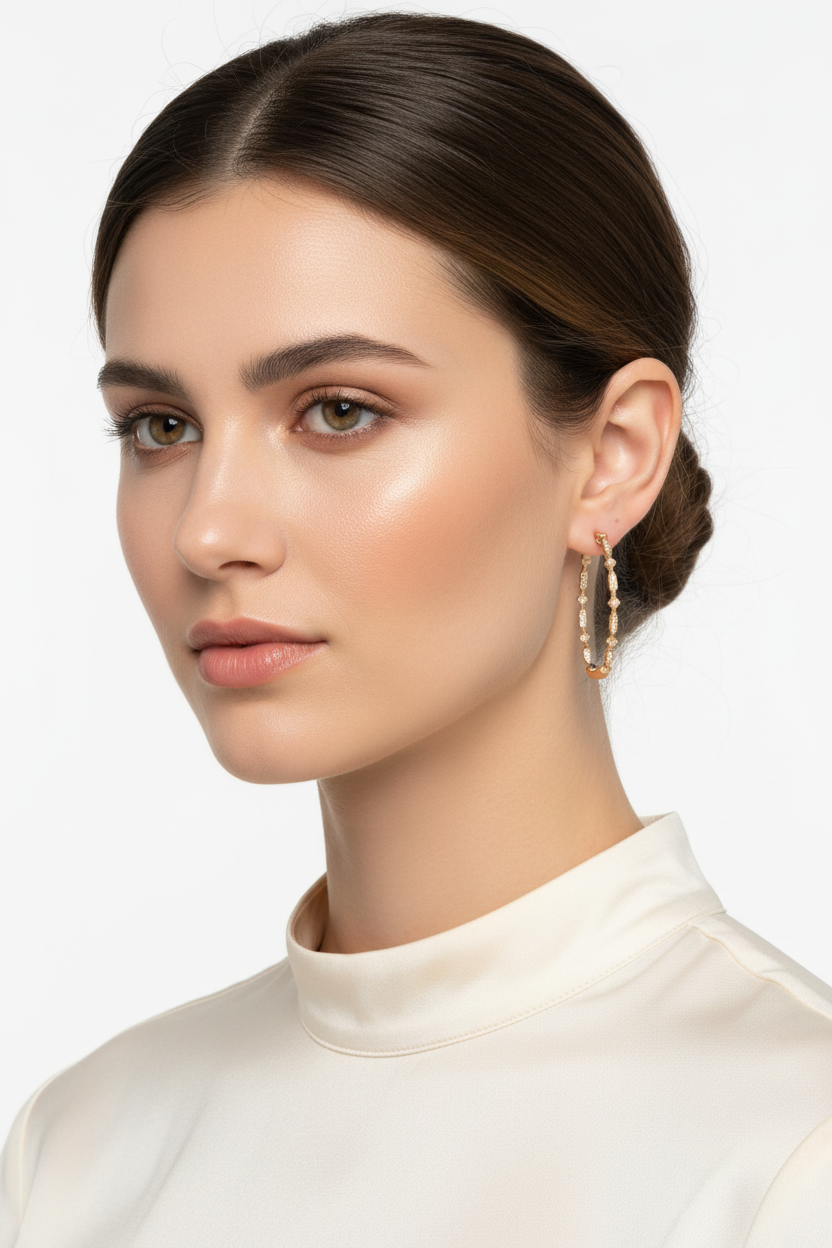 模特兒佩戴金色復古花紋圈形耳環 - 正面姿態