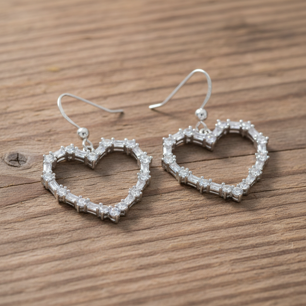 銀色水晶愛心耳環 - 自然木質背景