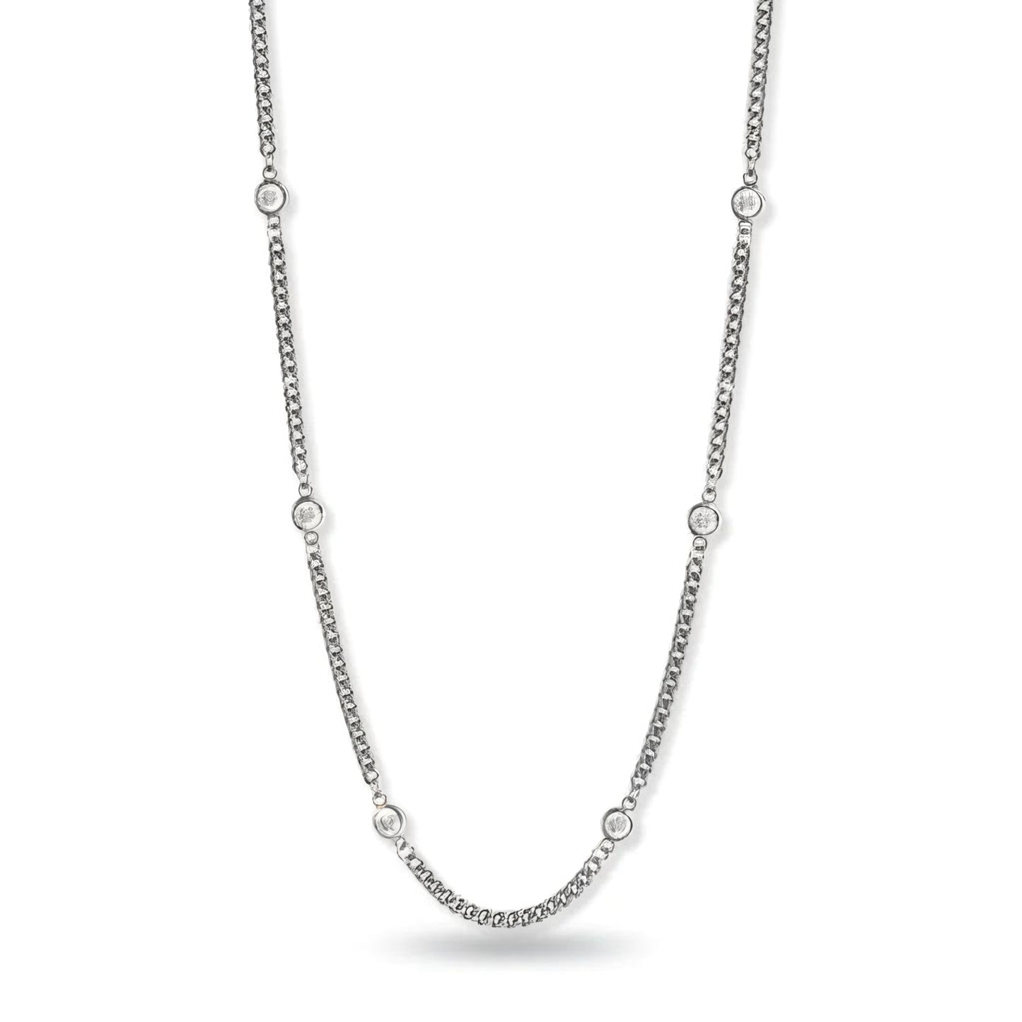 Sterling Silver Rhodium Plated Curb Chain Necklace with Bezel Set CZ Stones, 16 Inch with 2 Inch Extender, Lobster Clasp